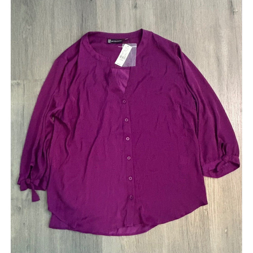 New York & Company Blouse Women XL Purple Button Front Tie Sleeve Top 4472